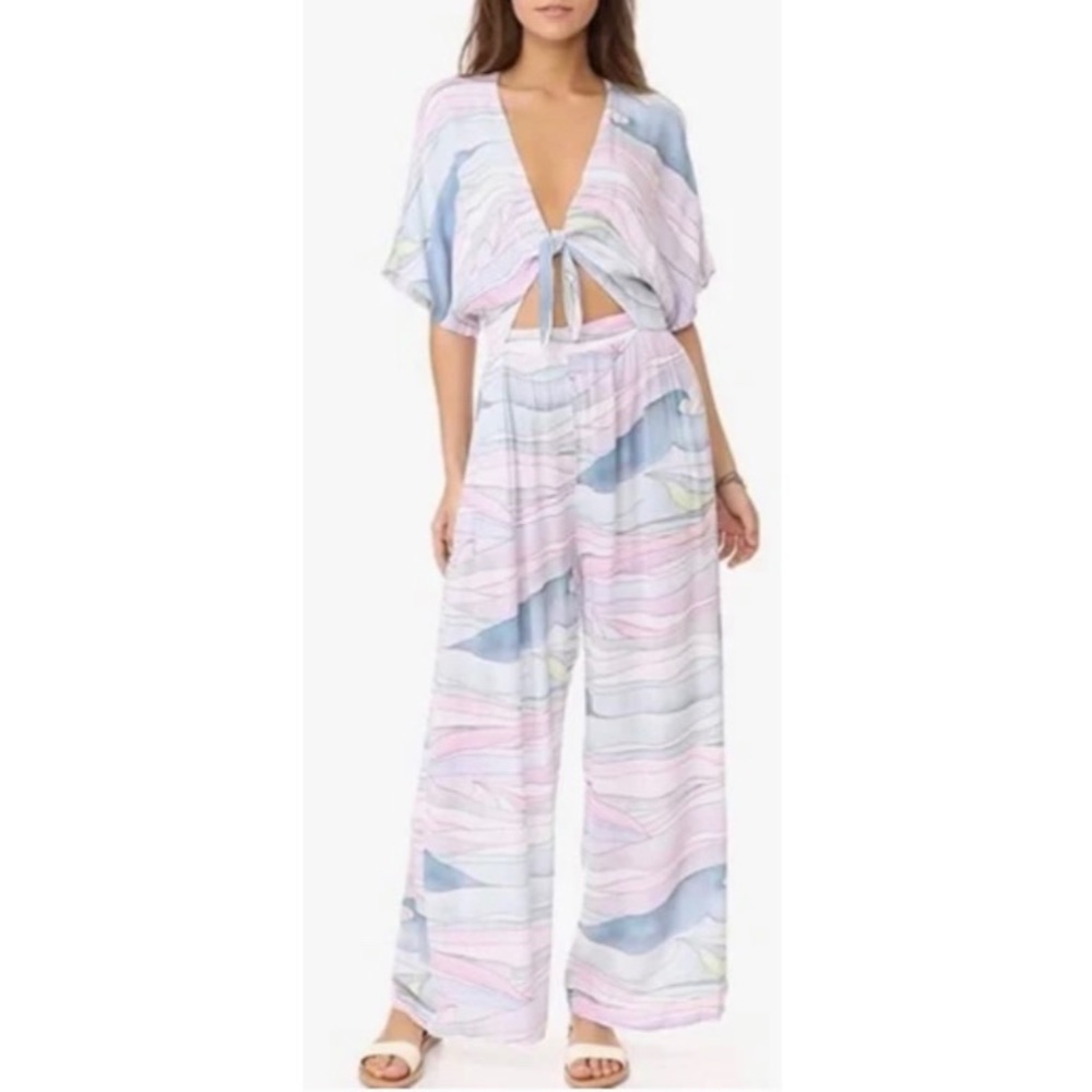 Mara Hoffman Pastel Stripe Tie-Front Jumpsuit (Pink, Blue, Cream)